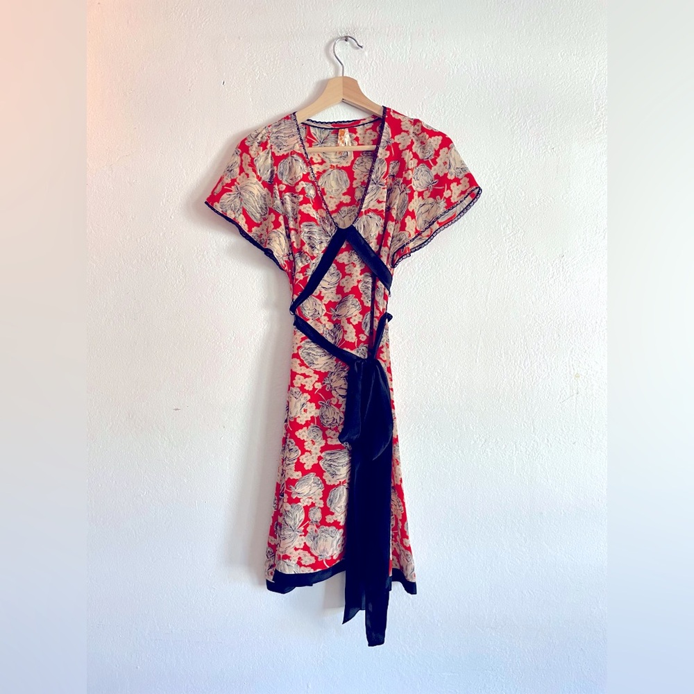 Maeve Red and Cream Floral Midi Wrap Dress with Black Trim